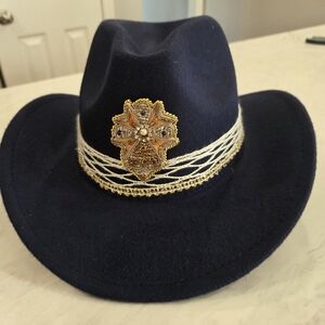 Navy Blue Cowboy Hat with Gold Brooch